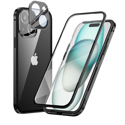 MIMGOAL 360 Grad Hülle für iPhone 15, Magnetische Adsorption Metallrahmen Ganzkörper Schutzhülle Vorne Hinten Gehärtetes Glas Transparente Full Case Dünn Handyhülle Cover,Schwarz von MIMGOAL