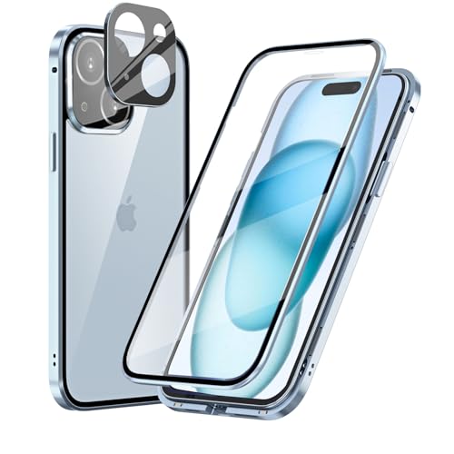 MIMGOAL 360 Grad Hülle für iPhone 15 Plus, Magnetische Adsorption Metallrahmen Ganzkörper Schutzhülle Vorne Hinten Gehärtetes Glas Transparente Full Case Dünn Handyhülle Cover,Blau von MIMGOAL