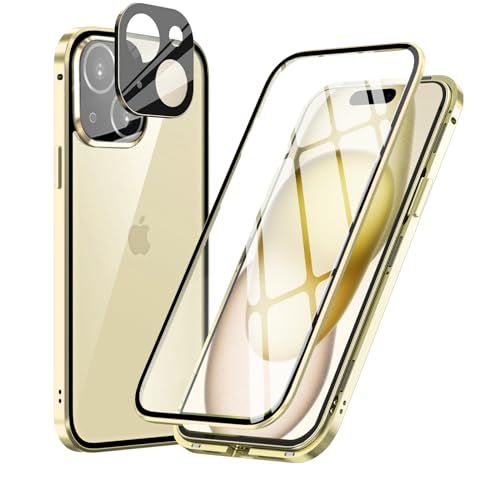 MIMGOAL 360 Grad Hülle für iPhone 15 Plus, Magnetische Adsorption Metallrahmen Ganzkörper Schutzhülle Vorne Hinten Gehärtetes Glas Transparente Full Case Dünn Handyhülle Cover,Gelb von MIMGOAL