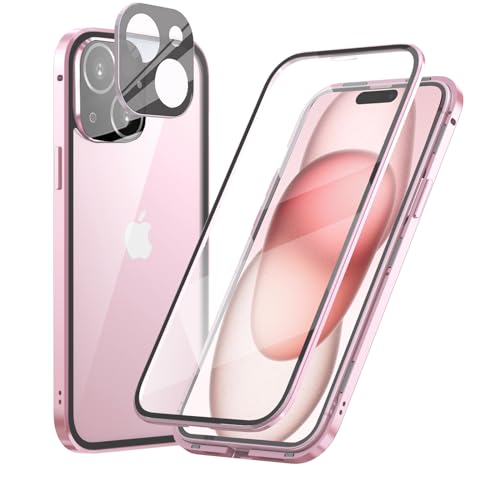 MIMGOAL 360 Grad Hülle für iPhone 15 Plus, Magnetische Adsorption Metallrahmen Ganzkörper Schutzhülle Vorne Hinten Gehärtetes Glas Transparente Full Case Dünn Handyhülle Cover,Pink von MIMGOAL