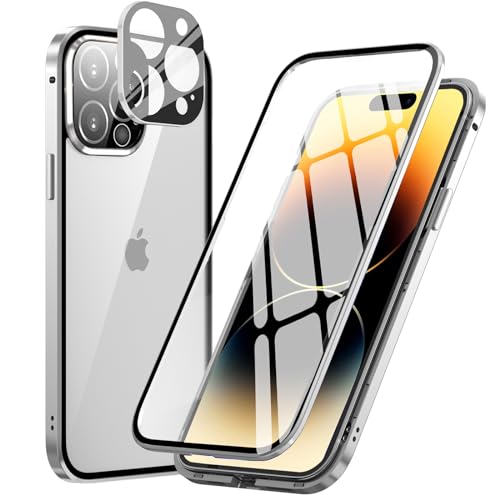 MIMGOAL 360 Grad Hülle für iPhone 15 Pro, Magnetische Adsorption Metallrahmen Ganzkörper Schutzhülle Vorne Hinten Gehärtetes Glas Transparente Full Case Dünn Handyhülle Cover,Titan Weiß von MIMGOAL