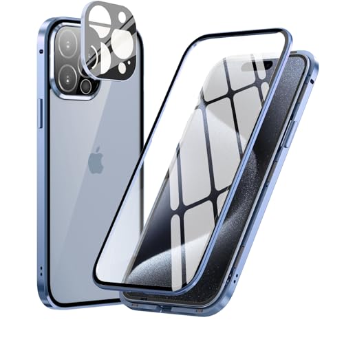 MIMGOAL 360 Grad Hülle für iPhone 15 Pro Max, Magnetische Adsorption Metallrahmen Ganzkörper Schutzhülle Vorne Hinten Gehärtetes Glas Transparente Full Case Dünn Handyhülle Cover,Blau von MIMGOAL