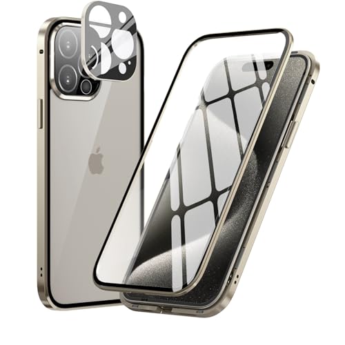 MIMGOAL 360 Grad Hülle für iPhone 15 Pro Max, Magnetische Adsorption Metallrahmen Ganzkörper Schutzhülle Vorne Hinten Gehärtetes Glas Transparente Full Case Dünn Handyhülle Cover,Titan Natur von MIMGOAL