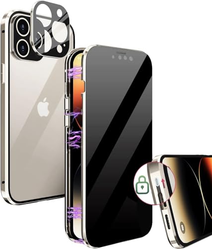 MIMGOAL Anti Spy Hülle für iPhone 15 Pro 360 Grad Magnetische Handyhülle mit Sichtschutz Blickschutz [Ganzkörper Schutzhülle mit kameraschutz] Gehärtetes Glas Privacy Anti-peep Case, Titan Natur von MIMGOAL