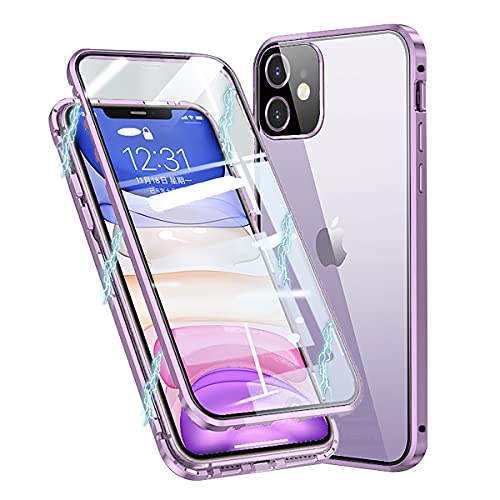 MIMGOAL Hülle für Apple iPhone 11 Hülle,Magnetische Metallrahmen 360 Grad Full Body Handyhülle Vorne hinten Gehärtetes Glas Schutzhülle Einteiliges Ultra Dünn Flip Transparente Cover,Violett von MIMGOAL