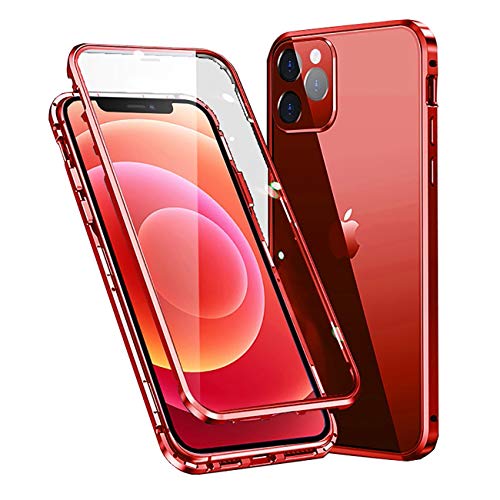 MIMGOAL Hülle für Apple iPhone 12 Hülle,Magnetische Adsorption Metallrahmen 360 Grad Full Body Handyhülle Vorne hinten Gehärtetes Glas Schutzhülle Einteiliges Ultra Dünn Flip Transparente Cover,Rot von MIMGOAL