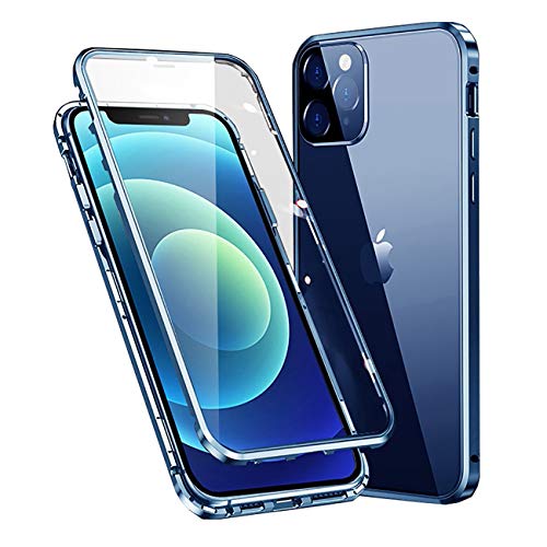 MIMGOAL Hülle für Apple iPhone 12 Hülle,Magnetische Adsorption Metallrahmen 360 Grad Full Body Handyhülle Vorne hinten Gehärtetes Glas Schutzhülle Einteiliges Ultra Dünn Flip Transparente Cover,Blau von MIMGOAL