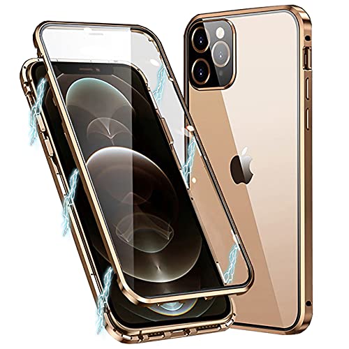 MIMGOAL Hülle für iPhone 11 Pro, Magnetische Metallrahmen Handyhülle 360 Grad Full Body Vorne hinten Gehärtetes Glas Schutzhülle Einteiliges Ultra Dünn Flip Transparente Cover,Gold von MIMGOAL