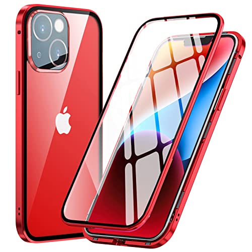 MIMGOAL Hülle für iPhone 14,Magnetische Adsorption Metallrahmen 360 Grad Full Body Handyhülle Vorne hinten Gehärtetes Glas Ganzkörper Schutzhülle Einteiliges Dünn Transparente Cover,Rot von MIMGOAL