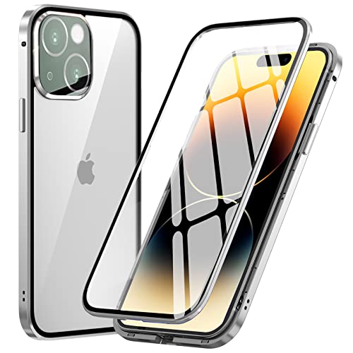 MIMGOAL Hülle für iPhone 14,Magnetische Adsorption Metallrahmen 360 Grad Full Body Handyhülle Vorne hinten Gehärtetes Glas Ganzkörper Schutzhülle Einteiliges Dünn Transparente Cover,Silber von MIMGOAL
