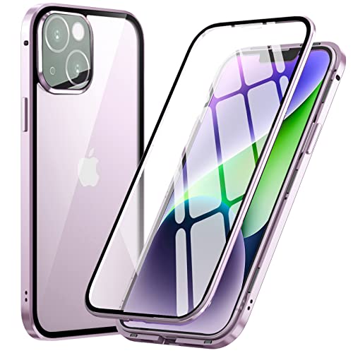 MIMGOAL Hülle für iPhone 14 Plus,Magnetische Adsorption Metallrahmen 360 Grad Full Body Handyhülle Vorne hinten Gehärtetes Glas Ganzkörper Schutzhülle Einteiliges Dünn Transparente Cover,Violett von MIMGOAL