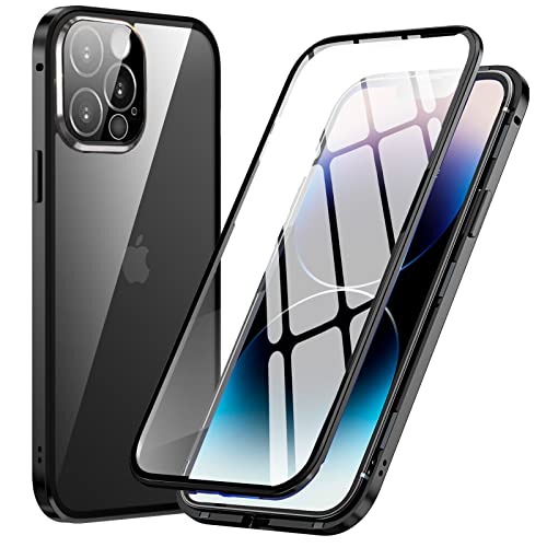 MIMGOAL Hülle für iPhone 14 Pro Max,Magnetische Adsorption Metallrahmen 360 Grad Full Body Handyhülle Vorne hinten Gehärtetes Glas Ganzkörper Schutzhülle Einteiliges Dünn Transparente Cover,Schwarz von MIMGOAL