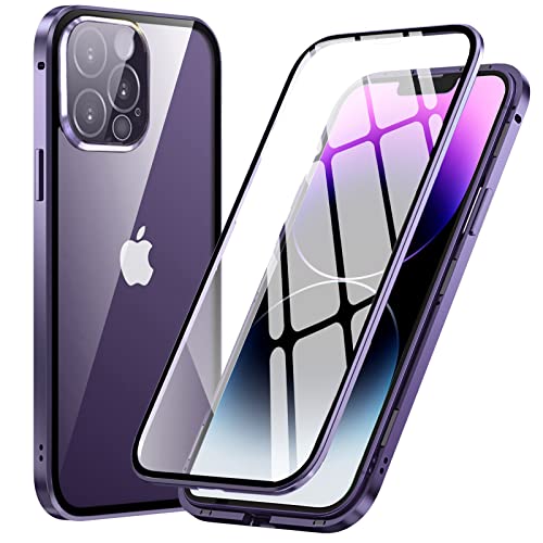 MIMGOAL Hülle für iPhone 14 Pro Max,Magnetische Adsorption Metallrahmen 360 Grad Full Body Handyhülle Vorne hinten Gehärtetes Glas Ganzkörper Schutzhülle Einteiliges Dünn Transparente Cover,Dunkellila von MIMGOAL