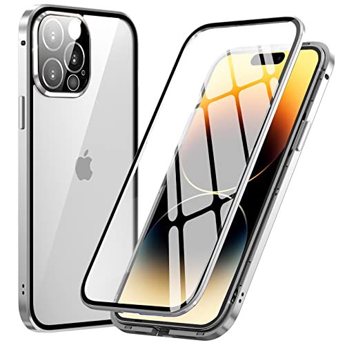 MIMGOAL Hülle für iPhone 14 Pro Max,Magnetische Adsorption Metallrahmen 360 Grad Full Body Handyhülle Vorne hinten Gehärtetes Glas Ganzkörper Schutzhülle Einteiliges Dünn Transparente Cover,Silber von MIMGOAL