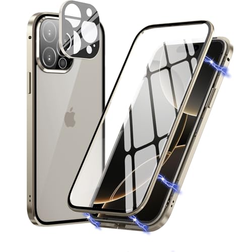MIMGOAL Hülle für iPhone 16 Pro Max Hülle,Magnetische Adsorption Metallrahmen 360 Grad Full Body Handyhülle Vorne hinten Gehärtetes Glas Schutzhülle Einteiliges Dünn Transparente Cover, Titan Natur von MIMGOAL