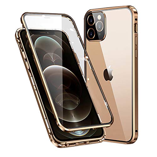 MOSSTAR Hülle für iPhone 12 Pro Max,Magnetische Adsorption Metallrahmen 360 Grad Full Body Handyhülle Vorne hinten Gehärtetes Glas Schutzhülle Einteiliges Ultra Dünn Flip Transparente Cover,Gold von MIMGOAL