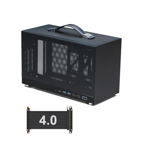 MiniNeo S400 Tragbares Mini-ITX-Gehäuse, 10 l, mit fortschrittlichem, belüftetem Panel, Typ-C-USB3.0-Anschlüsse, Dreifach-Slot-GPU, Kabelmanagementsystem, mit PCIe 16X Riser-Kabel (Schwarz Gen4) von MININGEEK
