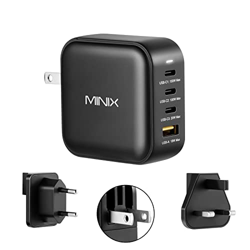 MINIX NEO P3 100W Turbo 4-Ports GaN Wall Charger, 3 x USB-C Port Fast Charging Adapter(Max 100W/20W), 1 USB-A (Max 18W). Compatible with MacBook Pro Air, iPad Pro, iPhone 13,12,Galaxy S9 and More. von MINIX