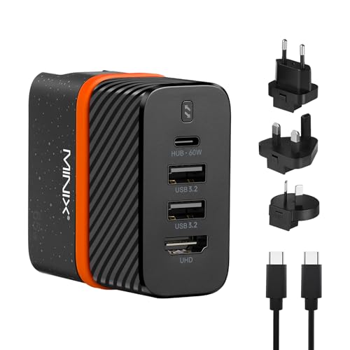 MINIX P4K 65W Dock-Ladegerät für Switch, Laptop, Smartphone, Tablet. Wandladegerät mit HDMI für Fernseher, 1xUSB-C (max. 60 W), 2X USB-A 3.2, 3,3 Fuß langes USB-C-Kabel mit vollem Funktionsumfang von MINIX