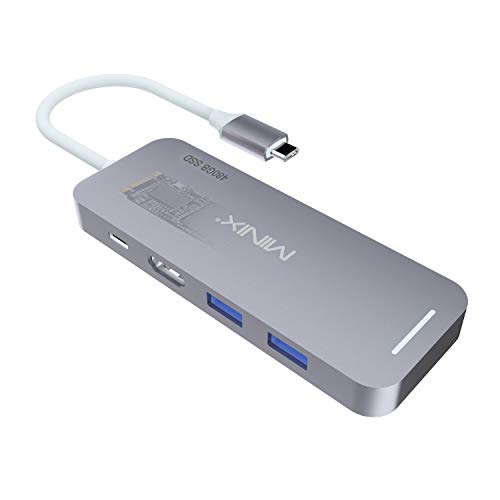 MINIX Speicher, 480 GB Aluminium USB-C Multiport SSD Speicher-Hub, eingebauter M.2 SSD Speicher mit HDMI [4K @ 30 Hz], 2 x USB 3.0 und USB-C für Stromversorgung, kompatibel für Apple MacBook. Gris von MINIX