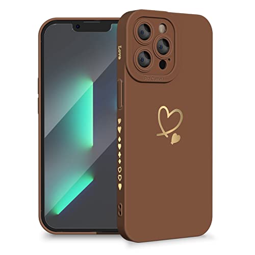 Kompatibel mit iPhone 13 Pro Max Hülle,Fashion Gold Love-Heart Pattern Design, schlankes Silikagel, stoßfest, seitlich beschichtetes Herzmuster, schmale Handyhülle für Frauen und Mädchen-Brown von MINSCOSE