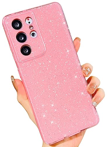 MINSCOSE Kompatibel mit Samsung Galaxy S21 Ultra Hülle, niedliche neonfarbene helle Farbe, Glitzer, Bling, dünn, stoßfest, Silikon, funkelnde Hülle, weiche TPU-Handyhülle für Frauen und Mädchen, rosa von MINSCOSE