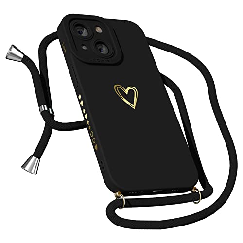 MINSCOSE Kompatibel mit iPhone 13 Hülle, Smartphone Necklace Handyhülle mit Band,niedliches Gold Love-Heart Pattern Design, stoßfest, seitlich beschichtetes Herzmuster für Frauen und Mädchen von MINSCOSE