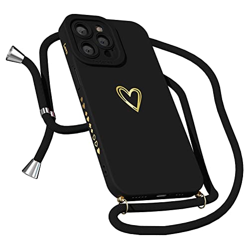 MINSCOSE Kompatibel mit iPhone 13 Pro Max Hülle, Smartphone Necklace Handyhülle mit Band,niedliches Gold Love-Heart Pattern Design, stoßfest, seitlich beschichtetes Herzmuster für Frauen und Mädchen von MINSCOSE