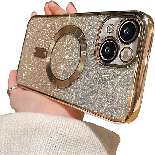 MINSCOSE Kompatibel mit iPhone 14, luxuriöse magnetische Glitzerbeschichtung, glitzernd, glänzender Stoßfänger mit Kameraschutz, kompatibel mit MagSafe für Frauen und Mädchen-Gold von MINSCOSE