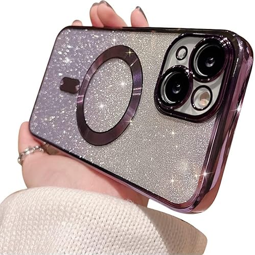 MINSCOSE Kompatibel mit iPhone 14, luxuriöse magnetische Glitzerbeschichtung, glitzernd, glänzender Stoßfänger mit Kameraschutz, kompatibel mit MagSafe für Frauen und Mädchen-Purple von MINSCOSE