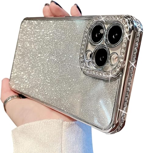 MINSCOSE Kompatibel mit iPhone 15 Pro Hülle, Luxus Glitzer Strass Bling Diamant Sparkle Shiny Bumper und Kameralinse Design Clear Phone Cases für Frauen Mädchen Silber von MINSCOSE