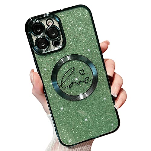 MINSCOSE Magnetische Schutzhülle für iPhone 12 Pro Max, kompatibel mit Magsafe, luxuriöses Liebesherz-Muster-Design,glitzernd,stoßfest,volle Kameraabdeckung,Schutzhüllen für Mädchen und Frauen-Green von MINSCOSE