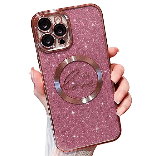 MINSCOSE Magnetische Schutzhülle für iPhone 12 Pro Max, kompatibel mit Magsafe, luxuriöses Liebesherz-Muster-Design,glitzernd,stoßfest,volle Kameraabdeckung,Schutzhüllen für Mädchen und Frauen-Pink von MINSCOSE