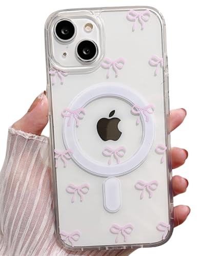 MINSCOSE Magnetische Schutzhülle für iPhone 14 Plus/15 Plus, kompatibel mit Magsafe, niedliche Schleife, bemalte Hüllen, ästhetisch, dünn, weich, Anti-Vergilbung, stoßfest, Schutzhülle für Damen und von MINSCOSE
