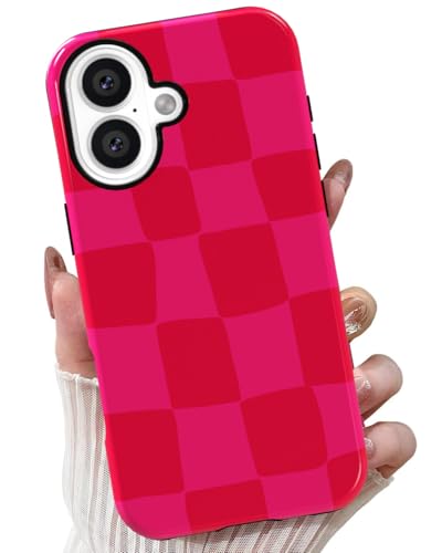 MINSCOSE Schachbrett-Schutzhülle für iPhone 16 Plus, niedliches ästhetisches Karomuster-Design, schlank, dünn, Hartplastik, weiches Silikon, für Damen und Mädchen, 17 cm (6,7 Zoll), Hot Pink von MINSCOSE