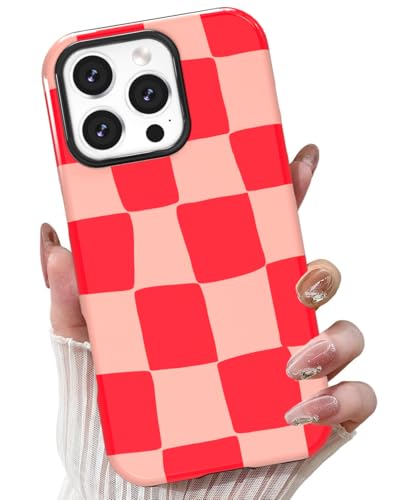 MINSCOSE Schachbrett-Schutzhülle für iPhone 16 Pro, niedliches ästhetisches Karomuster-Design, schlank, dünn, Hartplastik, weiches Silikon, für Damen und Mädchen, für iPhone 16 Pro, 16 cm, Dunkelrosa von MINSCOSE