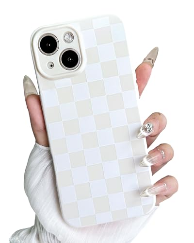 MINSCOSE Schutzhülle für iPhone 15, ästhetisches Karomuster, Schachbrettmuster, trendiges, schlankes TPU, stoßfest, vollständiger Kameraschutz, Weiß von MINSCOSE