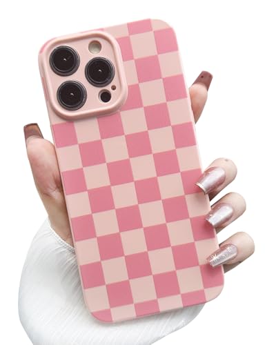 MINSCOSE Schutzhülle für iPhone 16 Pro, ästhetisches Karomuster, Schachbrettmuster, trendiges, schlankes TPU, stoßfest, vollständiger Kameraschutz, Rosa von MINSCOSE