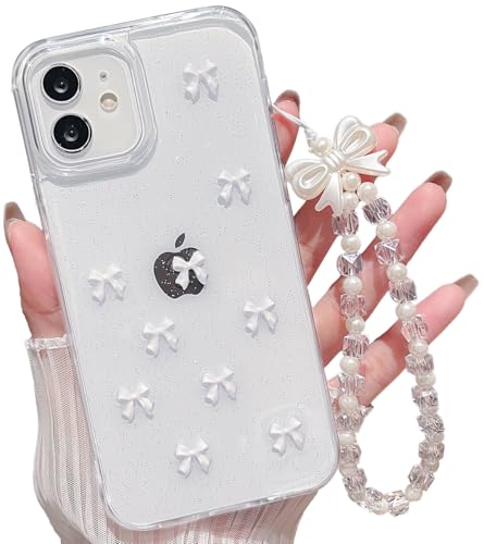 MINSCOSE Transparente Glitzer-Schutzhülle für iPhone 12/12 Pro, niedliche, glitzernde 3D-Schleife, ästhetisch, mädchenhaft, mit Schmetterlings-Armbandkette, weiche Schutzhülle für iPhone 12/12 Pro von MINSCOSE