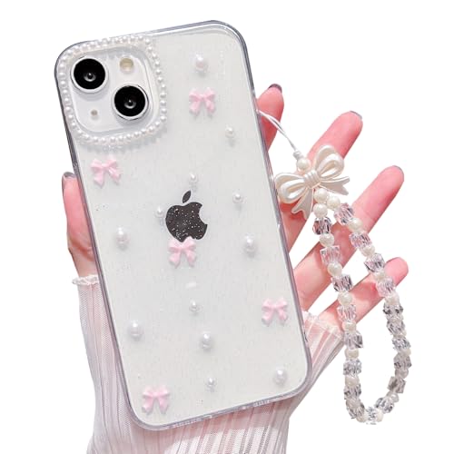 MINSCOSE für iPhone 13/14 Klar Glitzer Hülle,Süßes Schleife Perle Ästhetische Transparente Teen Girls Dünne Schutzhülle mit Charms Kette Armband-Rosa von MINSCOSE