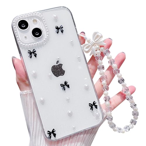 MINSCOSE Transparente Glitzer-Schutzhülle für iPhone 14, niedliche Schleife, Perlen, ästhetisch, mädchenhaft, mit Handy-Charms, Kette, Armband, weiche Schutzhülle für iPhone 14, Schwarz von MINSCOSE