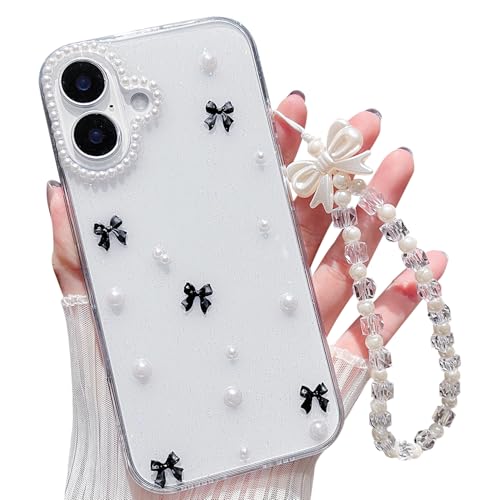 MINSCOSE Transparente Glitzer-Schutzhülle für iPhone 16 Plus, niedliche Schleife, Perlen, ästhetisch, mädchenhaft, mit Handy-Charms, Kettenarmband, weiche Schutzhülle für iPhone 16 Plus, Schwarz von MINSCOSE