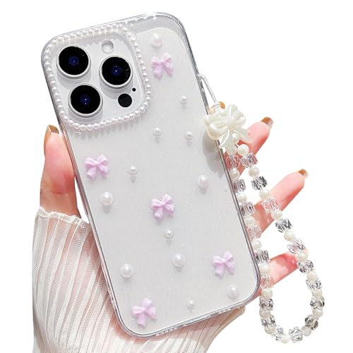 MINSCOSE Transparente Glitzer-Schutzhülle für iPhone 16 Pro Max, niedliche Schleife, Perlen, ästhetisch, mädchenhaft, mit Handy-Charms, Kettenarmband, weiche Schutzhülle für iPhone 16 Pro Max, Violett von MINSCOSE