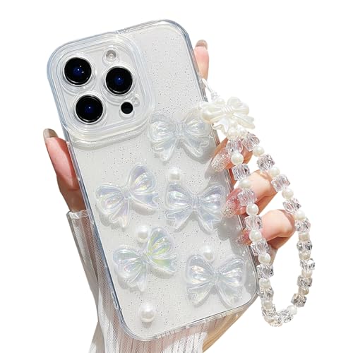 MINSCOSE Transparente Glitzer-Schutzhülle für iPhone 16 Pro Max, niedliches 3D-Schleifen-Perlenmuster, Schleife, Kristall, glitzernde Handyhülle mit Charms, Ketten, Armband, weiche Schutzhülle für von MINSCOSE