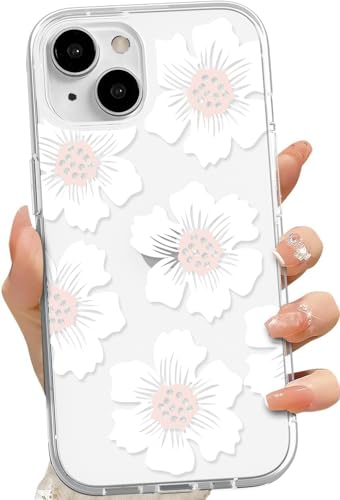 MINSCOSE Transparente Schutzhülle für iPhone 13/14, glitzernd, niedliches weißes Blumenmuster, ästhetisches Muster, dünn, weiches TPU, transparent, stoßfest, für Damen und Mädchen, 15,5 cm (6,1 Zoll) von MINSCOSE