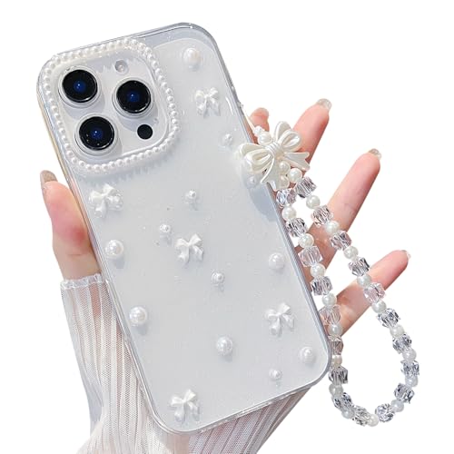 MINSCOSE für iPhone 16 Pro Klar Glitzer Hülle,Süßes Schleife Perle Ästhetische Transparente Teen Girls Dünne Schutzhülle mit Charms Kette Armband-Weiß MINSCOSE für iPhone 16 Pro Klar Glitzer Hülle,Süßes Schleife Perle Ästhetische Transparente Teen Girls Dünne Schutzhülle mit Charms Kette Armband-Weiß von MINSCOSE