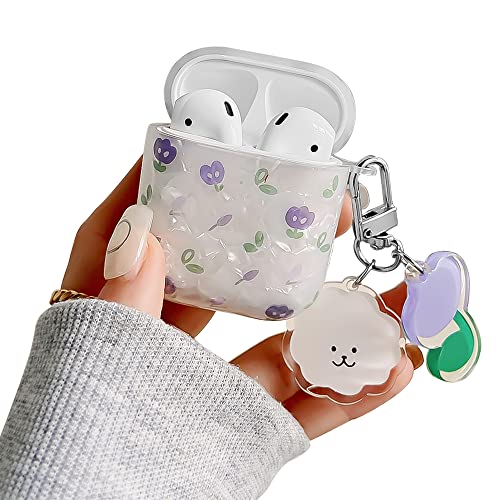 Schutzhülle für Airpod 2/1, Niedliches Case mit Schlüsselanhänger, Silikon Hülle mit modische Violette kleine Blum, Glattes Stoßfestes Design Kompatibel mit AirPods 2&1 Ladebox für Mädchen Frauen von MINSCOSE