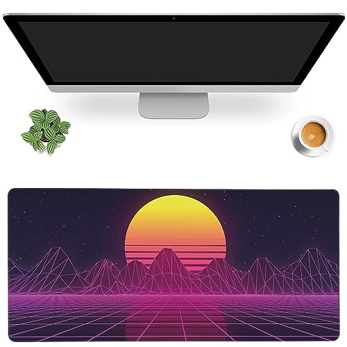 MIOAOSRT Schreibtischunterlage, 80er Jahre Retro Sonnenuntergang, Gaming-Mauspad, XXL, erweitertes Mauspad für Büro, Computer, Tastatur mit rutschfester Unterseite, genähte Eges-Mauspad, 89,9 x 40 cm von MIOAOSRT