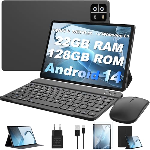 MIRGAMO Tablet 10 Zoll, Android 14 Tablets 22 GB RAM + 128 GB ROM (TF 1 TB), Octa-Core, 8000 mAh, WiFi, GMS, Widevine L1, 1920 x 1200 FHD/Bluetooth 5.0/16 MP + 8 MP, Tablet 2 in 1 Tastatur + Maus von MIRGAMO