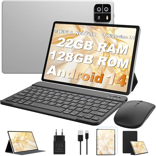 MIRGAMO 2025 Newest Tablet 10 Zoll Android 14 22 GB RAM + 128 GB ROM (TF 1 TB), Octa-Core, 8000 mAh, WiFi, GPS, Widevine L1, 1920 x 1200 FHD, 16 + 8 MP, 2 in 1 Tablet PC mit Tastatur und Maus - Silber von MIRGAMO